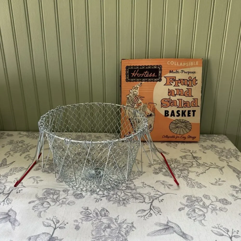 Vtg Hostess Egg Gathering Wire Mesh Fruit Hanging Basket Collapsible Red Handles